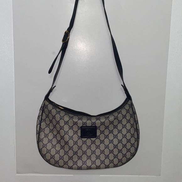 Gucci Handbags - Vintage Gucci purse/bag blue & tan crossbody adj strap authentic crescent GG